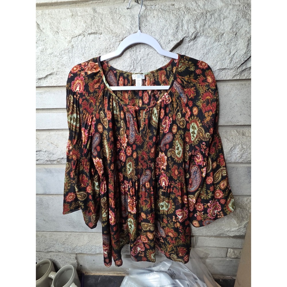 Spense Womens XL Paisley Floral Smocked Peplum Blouse 3/4 Bell Sleeve Boho Top